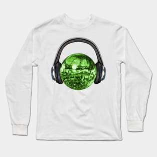 Green Disco Ball with Headphones Long Sleeve T-Shirt